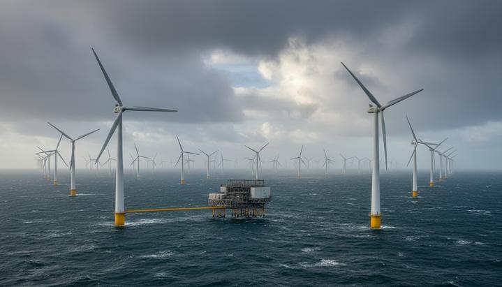 Морская ветроэлектростанция Hornsea 3 в Северном море. Ряды ветряных турбин, уходящие за горизонт.