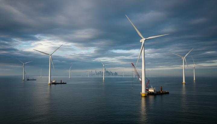 Equinor подала в суд на правительство США из-за остановки проекта Empire Wind 1 Морские ветряные турбины проекта Empire Wind 1 в океане. На дальнем горизонте виден силуэт Нью-Йорка.