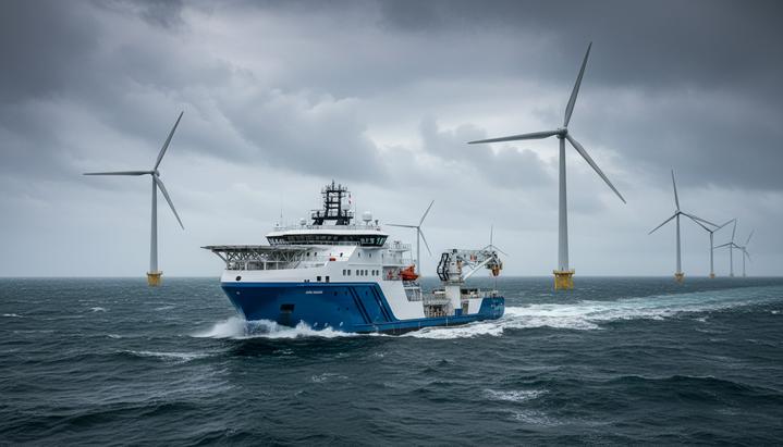 Началось строительство судов для морских ветропарков Vattenfall в Германии Современное судно обслуживания (SOV) в Северном море на фоне морских ветряных турбин в пасмурную погоду.