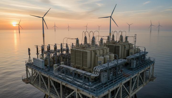 ProCon и Hyndla объединяются для решений в морской ветроэнергетике Морская трансформаторная подстанция ветроэлектростанции в море на рассвете. На заднем плане видны ветряные турбины.