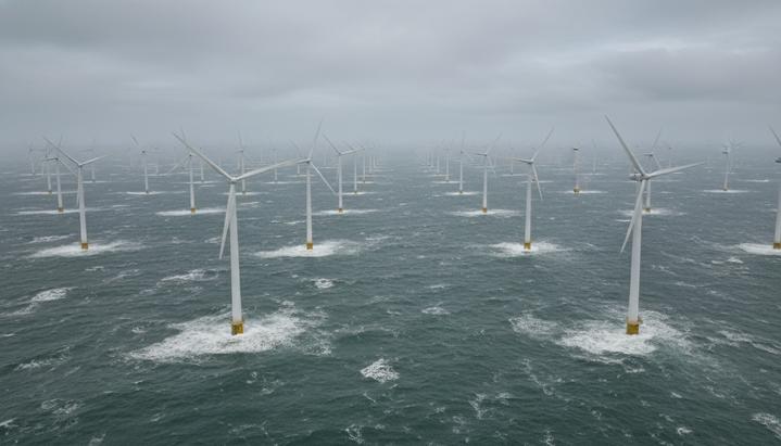 Великобритания перенесла срок решения по ветропарку Dogger Bank South Морская ветряная электростанция с рядами турбин, уходящими за горизонт, в неспокойном море под пасмурным небом.