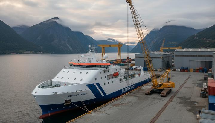 Ulstein спустила на воду новое гибридное судно для морской ветроэнергетики Новое сервисное судно для морских ветропарков у причала норвежской верфи Ulstein Verft на фоне фьорда.