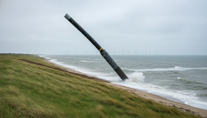 Толстый подводный кабель выходит из морских волн на песчано-травянистый берег. На горизонте виднеется морская ветроэлектростанция.