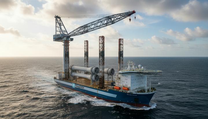 Большое судно для установки морских ветряных турбин с высоким подъемным краном и просторной палубой в открытом море.