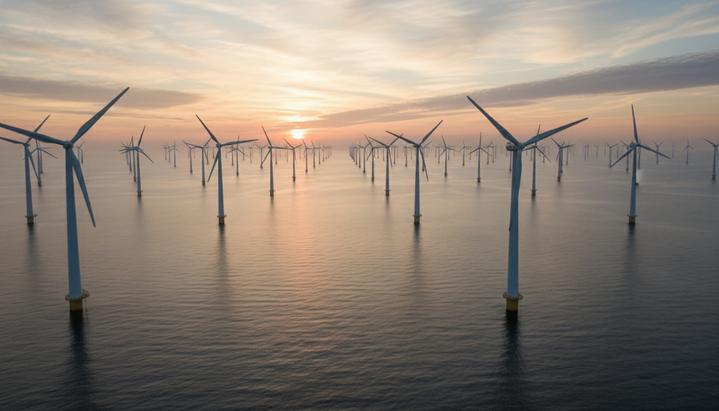 Морская ветряная электростанция с рядами турбин, уходящими к горизонту в море под облачным небом на рассвете.