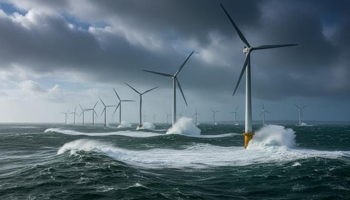 Морские ветряные турбины в неспокойном море у побережья Ирландии под пасмурным небом. Волны разбиваются об основания ветрогенераторов.