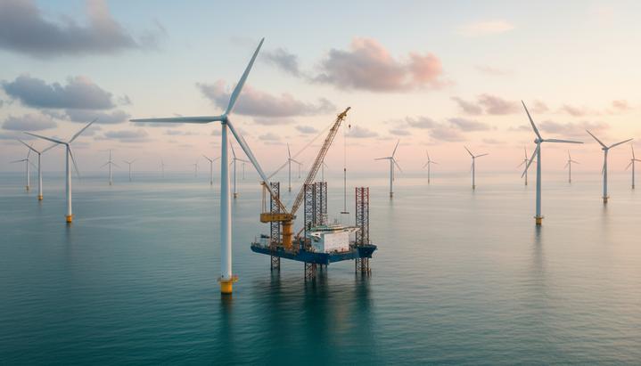 Суд США разрешил возобновить строительство ветропарка Revolution Wind Морская ветроэлектростанция на завершающей стадии строительства в открытом океане. Судно-установщик работает рядом с одной из турбин.