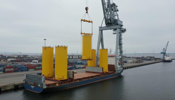 Крупные переходные элементы для морского ветропарка выгружаются с грузового судна с помощью кранов в порту Лита, Шотландия.