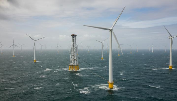 Масштабная морская ветряная электростанция с рядами турбин в море под пасмурным небом, уходящими за горизонт.