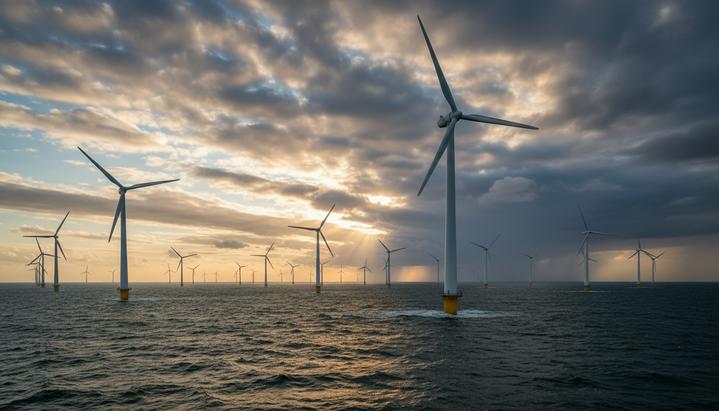 KKR приобретает 50% в морских ветропарках RWE на 3,1 ГВт в Британии Морской ветропарк с рядами высоких ветряных турбин в открытом море. Поверхность воды слегка неспокойна, на небе облака.