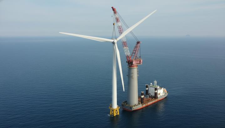 Процесс установки гигантской морской ветряной турбины в открытом море рядом со специализированным судном.