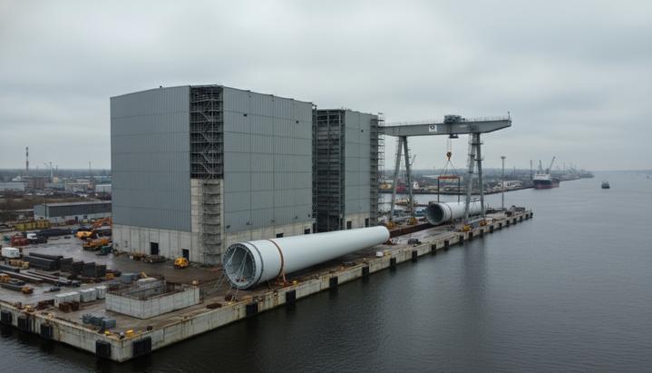 В Рижском порту построят комплекс для компонентов ветроустановок Новый производственный комплекс для компонентов ветроэнергетики в порту Риги. На причале у воды стоят промышленные цеха и лежит секция башни ветрогенератора.