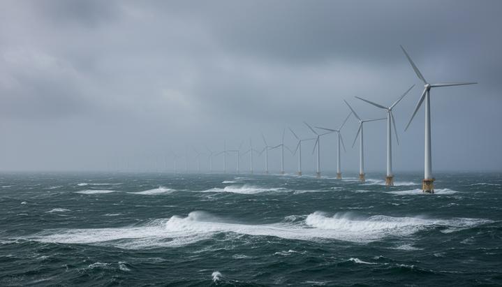 EnBW выходит из британских проектов морской ветроэнергетики на 3 ГВт Ряд морских ветряных турбин, установленных в неспокойном Ирландском море под пасмурным небом и уходящих вдаль.