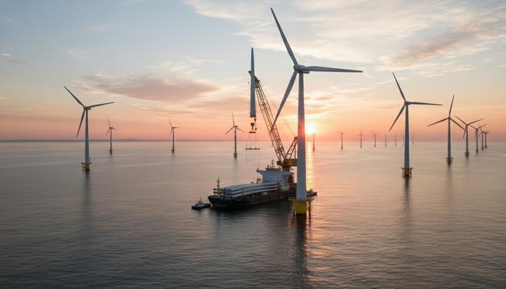 Морская ветряная электростанция на этапе строительства в открытом море. Несколько ветротурбин и судно с краном, устанавливающее лопасть.