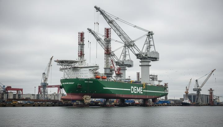 Новое судно-установщик ветротурбин Norse Energi с большим краном стоит у причала на судостроительной верфи.