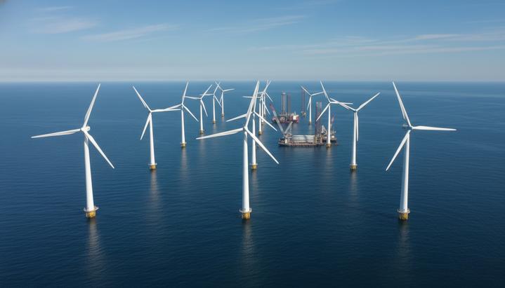 Разработчики морских ВЭС в США оспаривают правительственный запрет Морская ветроэлектростанция Vineyard Wind 1 в океане с работающими и строящимися ветровыми турбинами на фоне строительных судов.