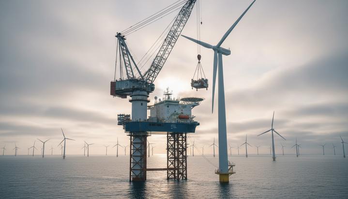 Специализированное судно Sea Installer устанавливает ветряную турбину на морской ВЭС Vineyard Wind 1 в океане.