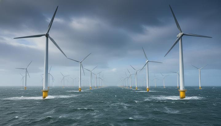 Проекты Morgan и Mona: JERA Nex BP выкупает долю EnBW в проекте Mona Морская ветряная электростанция с рядами турбин в неспокойном Ирландском море под пасмурным небом.
