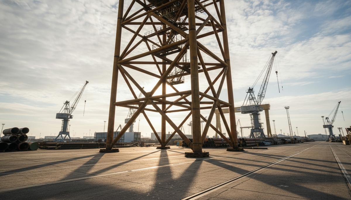 Стальная решетчатая опорная конструкция для морской подстанции в порту на фоне промышленных кранов на рассвете.