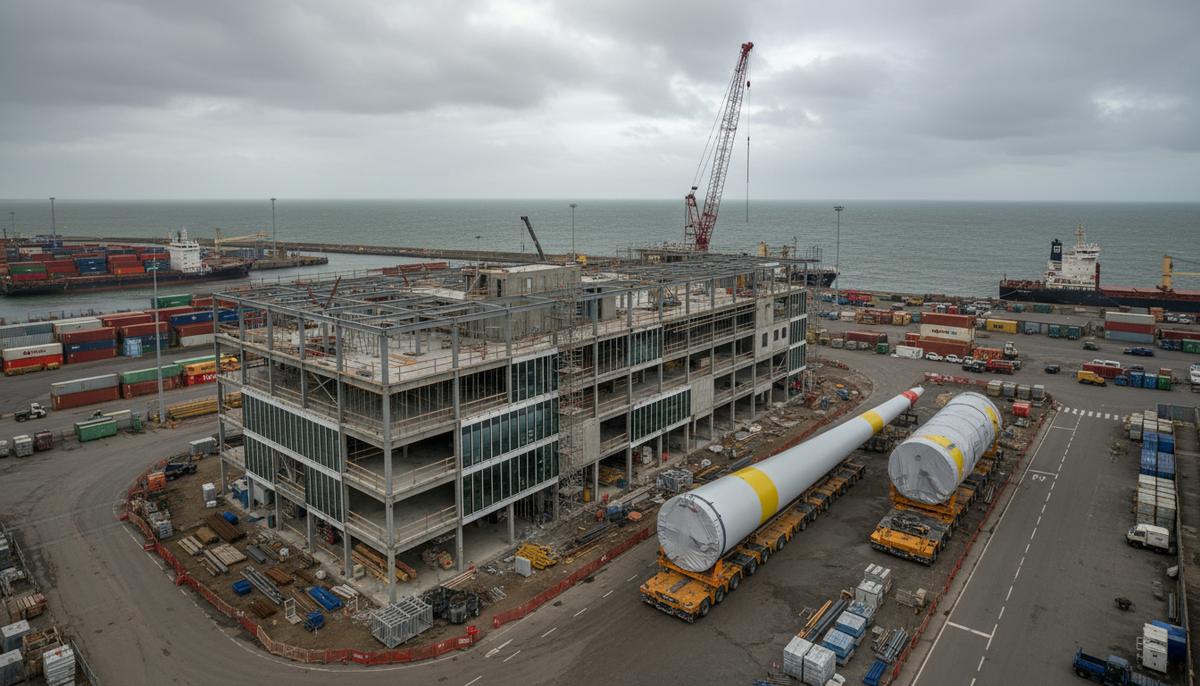 Строительство операционно-сервисного здания в порту Эмсхафен для обслуживания морских ветропарков в Северном море.