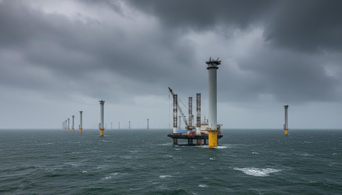 Морские ветрогенераторы и фундаменты для них в Северном море на этапе строительства, рядом с одним из них находится судно-установщик.