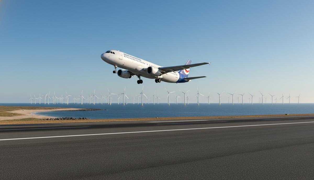 Самолет взлетает с прибрежного аэродрома, на горизонте в море видны ветряные турбины морской электростанции.