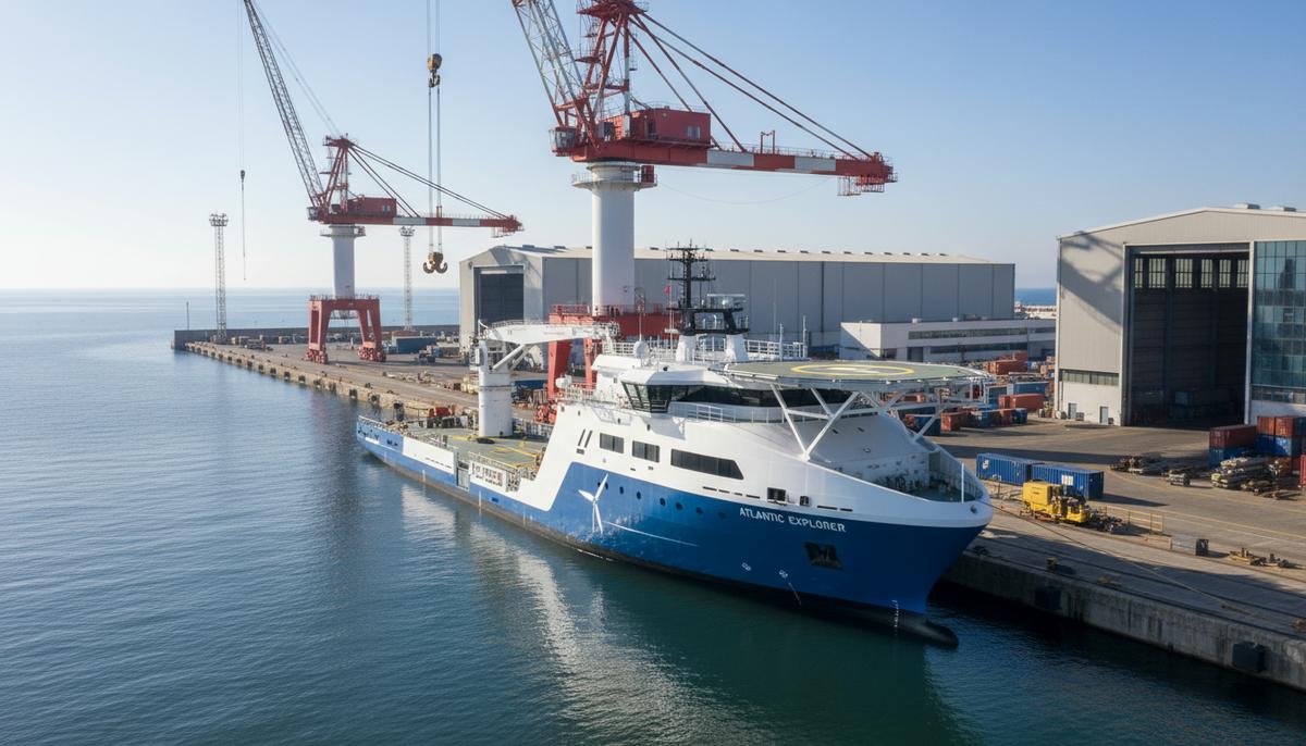 AD Ports Group приобрела испанскую верфь для сектора ветроэнергетики Новое судно для обслуживания морских ветропарков у причала современной судостроительной верфи на фоне промышленных кранов.