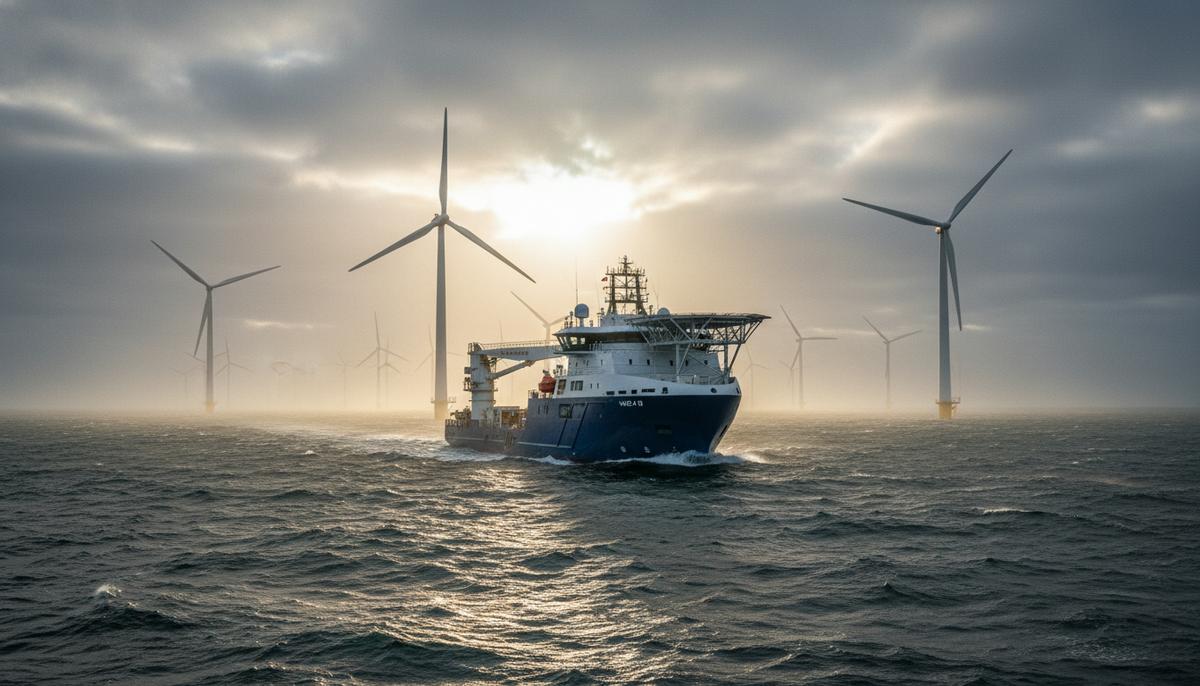 Сервисное судно Norwind Maestro в Северном море на фоне турбин морской ветроэлектростанции Global Tech I.