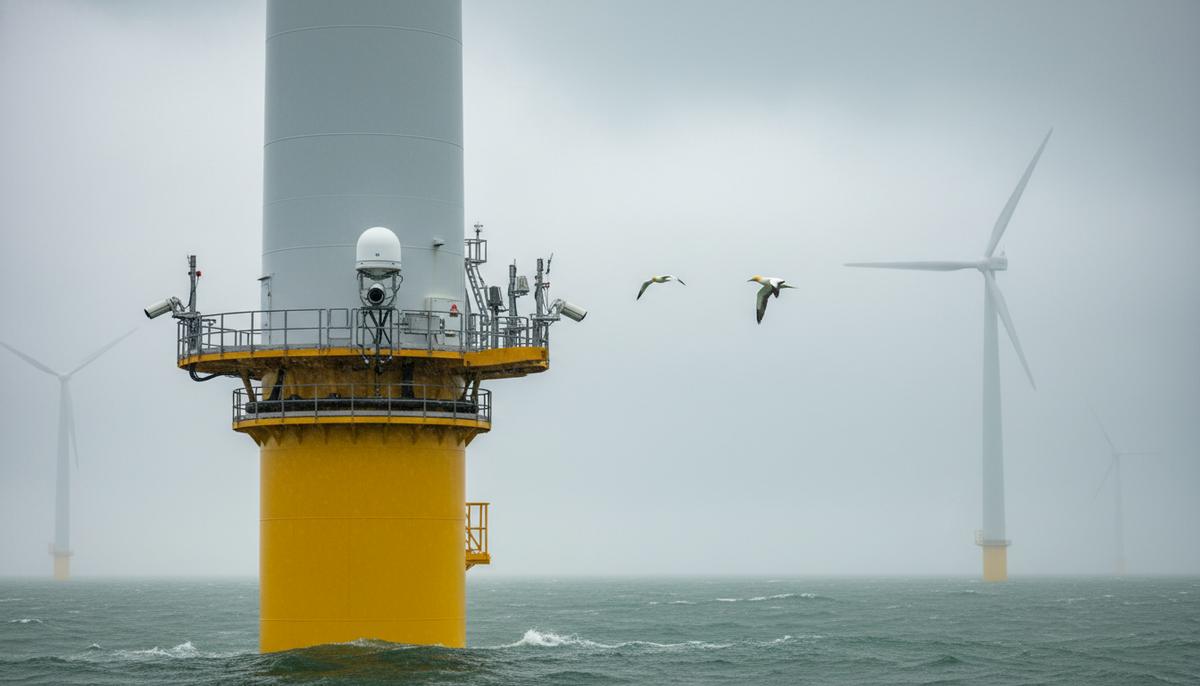 В Шотландии запущен крупнейший мониторинг птиц на морской ВЭС NnG Морская ветряная турбина с камерами и радаром для отслеживания птиц. Ветропарк в море, на фоне летят птицы.