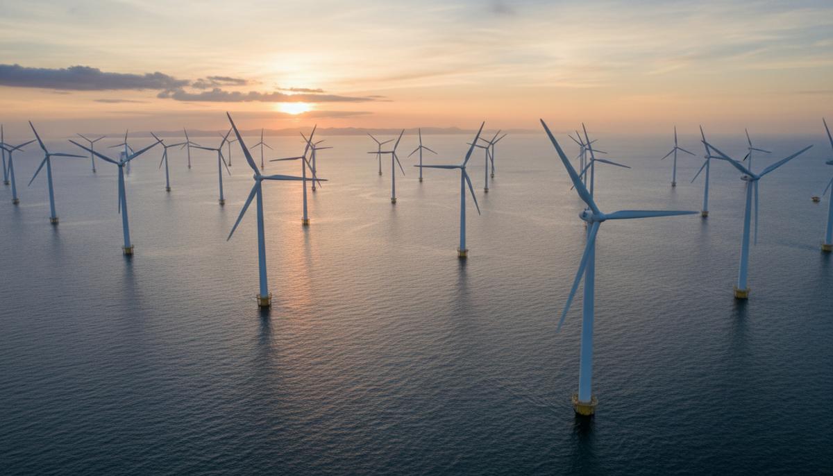 Ветропарк Yunlin первым на Тайване получил проектный сертификат DNV Ряды ветряных турбин морской электростанции Yunlin в Тайваньском проливе в утреннем свете. На горизонте видна береговая линия.