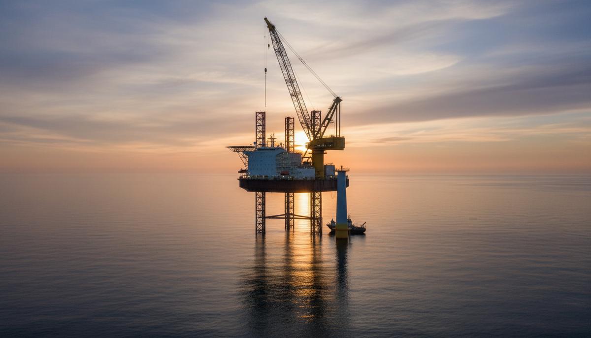 Судно для установки ветрогенераторов с высоким краном стоит в море рядом с фундаментом для морской ветряной турбины на рассвете.