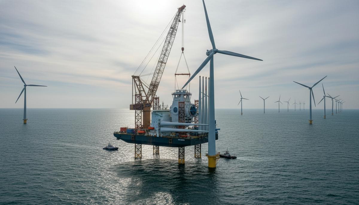 Морская ВЭС He Dreiht в Северном море. Судно-установщик монтирует гигантскую ветряную турбину на фундамент.