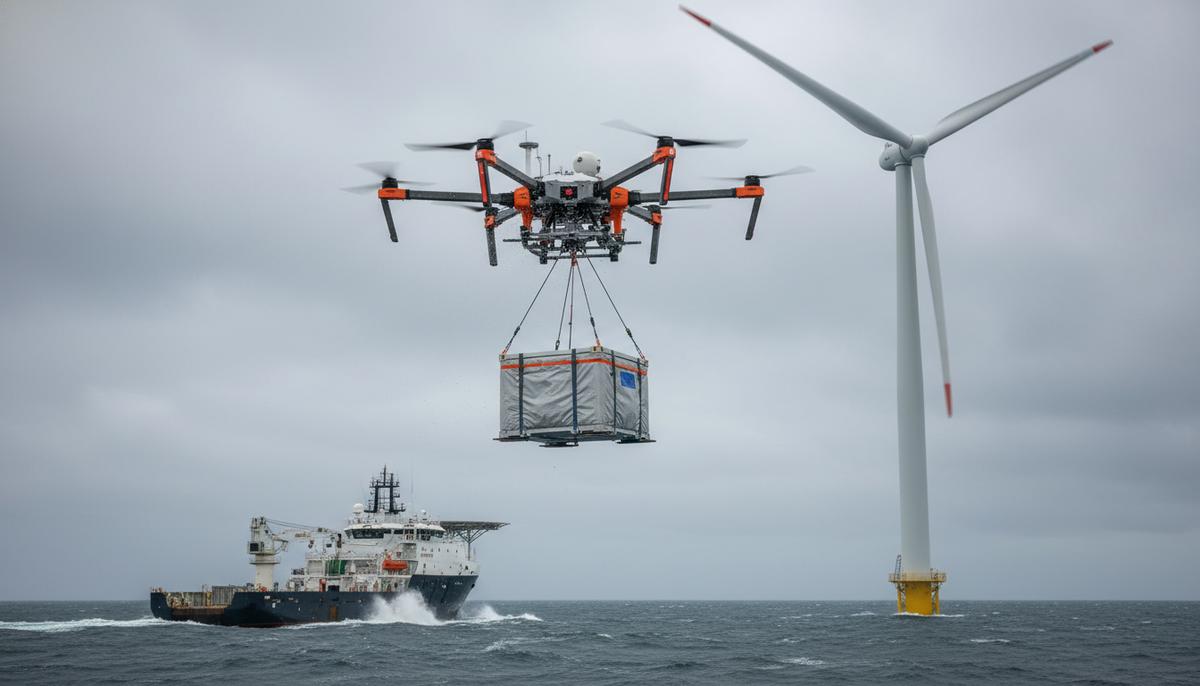 Грузовой беспилотник летит с контейнером от судна обслуживания к морской ветряной турбине в открытом море.