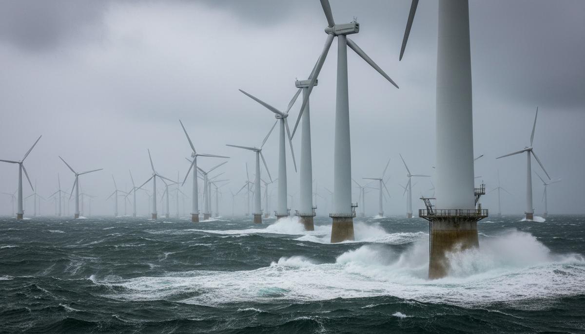 Морская ветряная электростанция в Северном море. Массивные ветрогенераторы стоят в бурных водах под облачным небом.