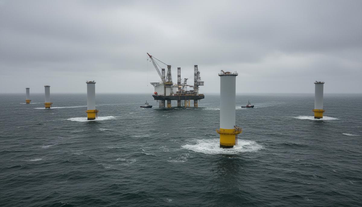 Дания одобрила лицензию для крупнейшей морской ВЭС Thor Морская ветроэлектростанция Thor в процессе строительства в Северном море у побережья Дании, вид на установленные фундаменты турбин.