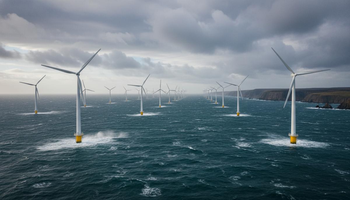 Плавучие ветрогенераторы морского ветропарка MarramWind в Северном море у берегов Шотландии.