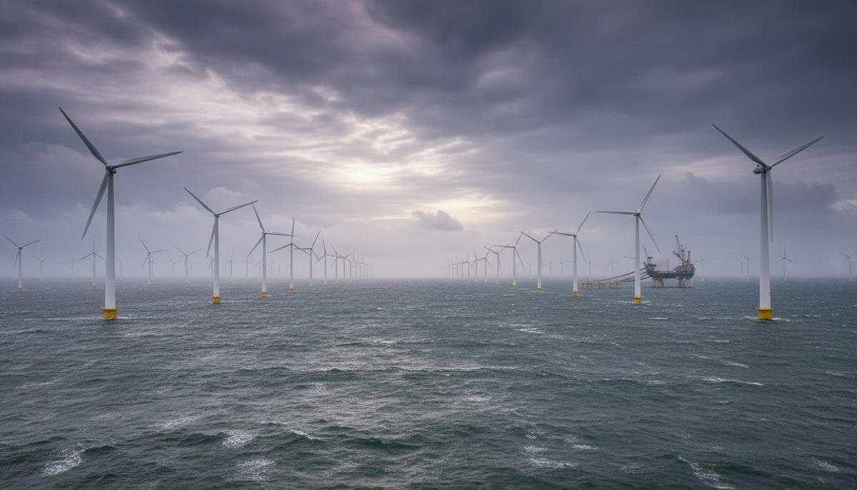 Морская ветровая электростанция в Северном море. Ряды ветрогенераторов установлены в воде до самого горизонта под облачным небом.