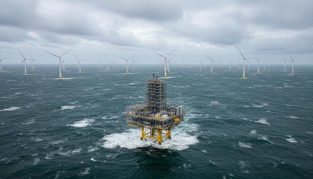 Морская ветроэлектростанция в Северном море с рядами ветряных турбин и большой трансформаторной платформой на воде.