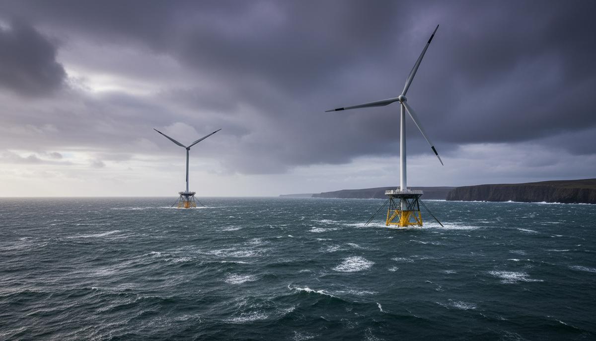 Плавучие морские ветрогенераторы в глубоких водах Северного моря у побережья Оркнейских островов, Шотландия.