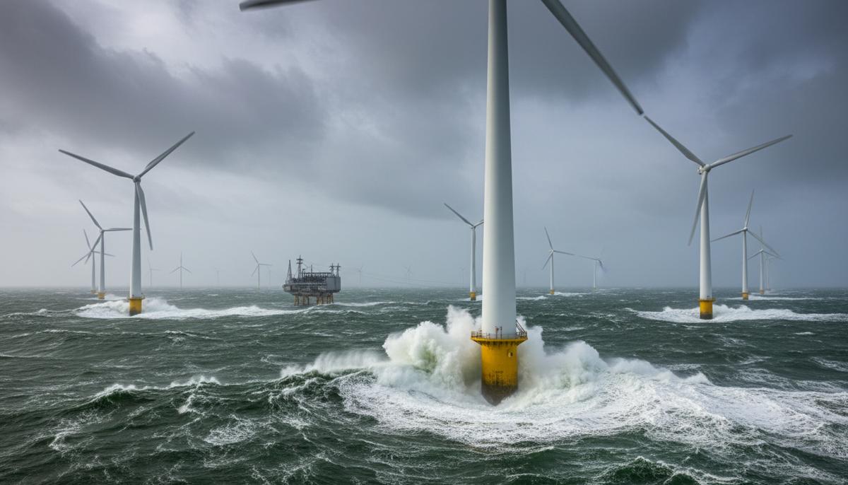 Морская ветряная электростанция в Северном море. Ряды ветрогенераторов на фоне пасмурного неба и неспокойной воды.