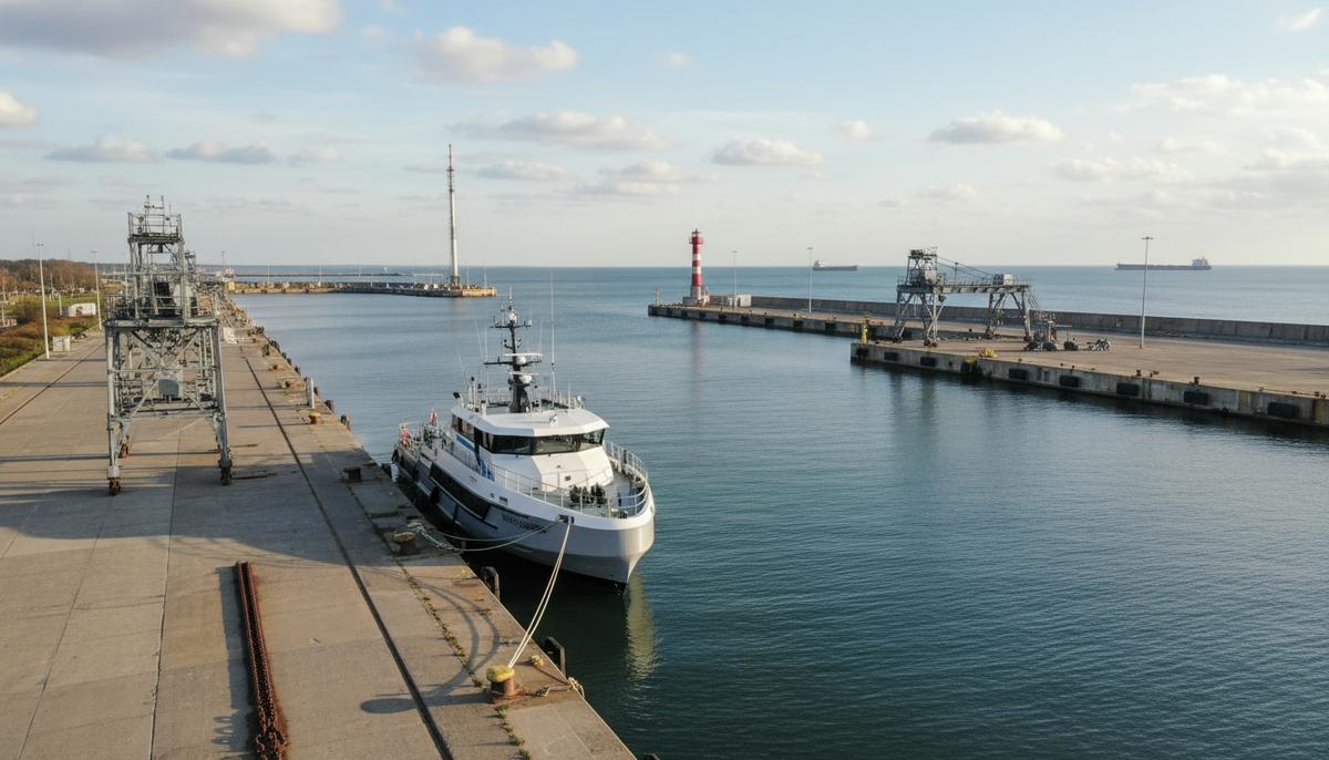 Порт Колобжег в Польше. У причала стоит судно для обслуживания морских ветряных турбин на фоне Балтийского моря.