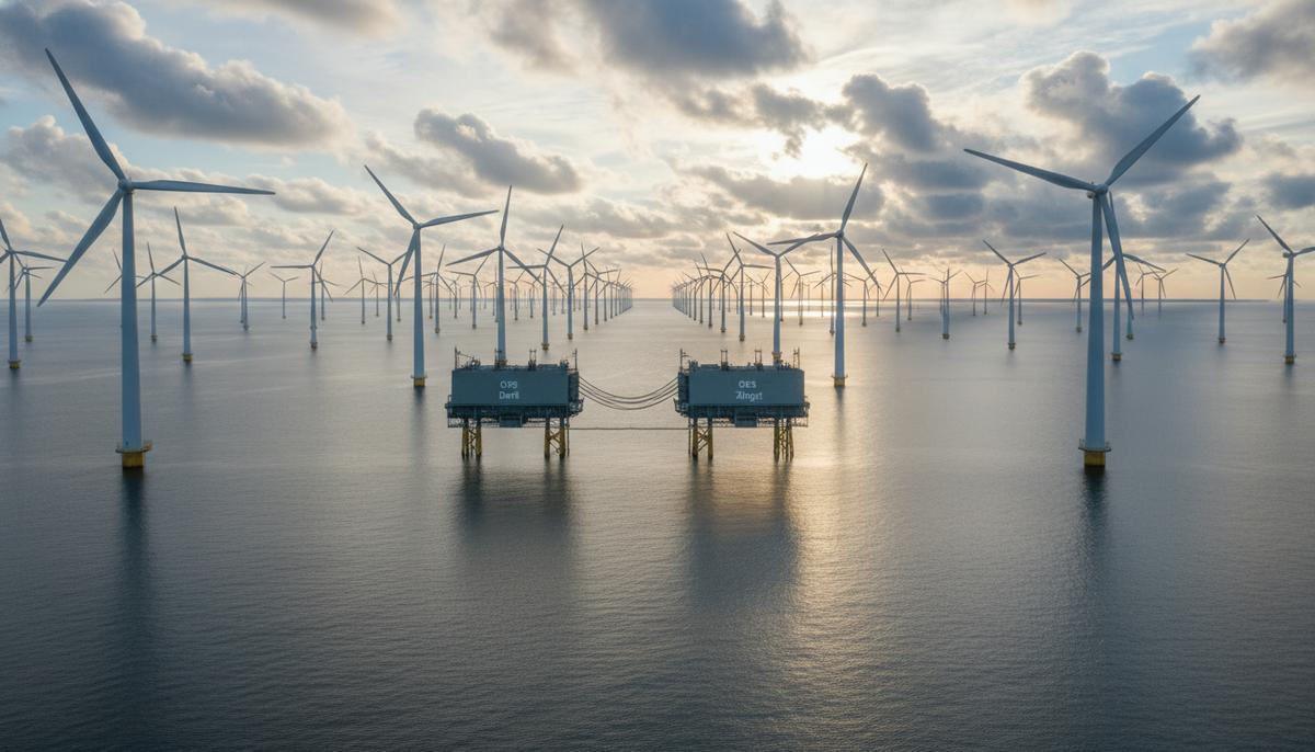 Морская ветроэлектростанция Gennaker в Балтийском море с рядами ветряных турбин и двумя офшорными подстанциями на фоне неба.