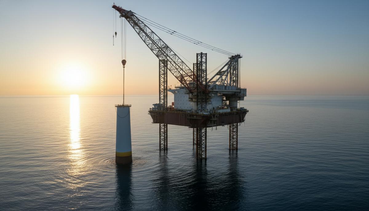 Крупное судно-установщик монтирует монофундамент для морской ветряной турбины в открытом море на рассвете.