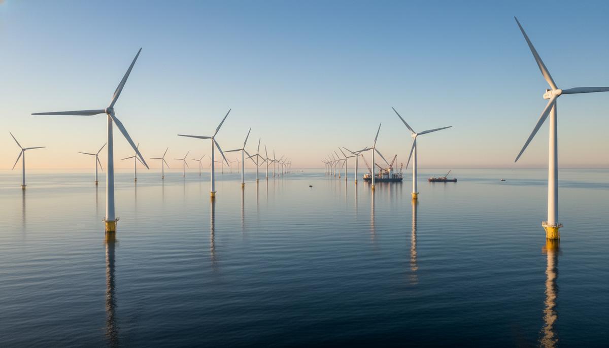 Морская ветроэлектростанция Vineyard Wind 1 в океане с рядами установленных ветряных турбин и монтажным судном на горизонте.