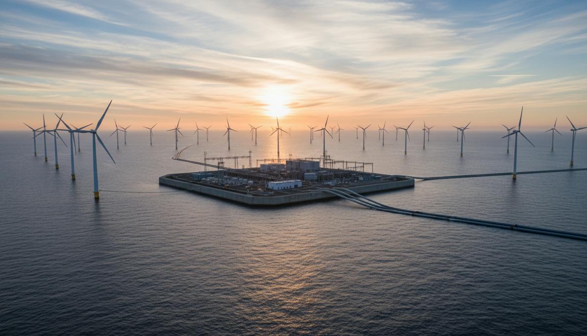 Искусственный энергетический остров Bornholm Energy Island в Балтийском море, окруженный морскими ветряными турбинами на рассвете.