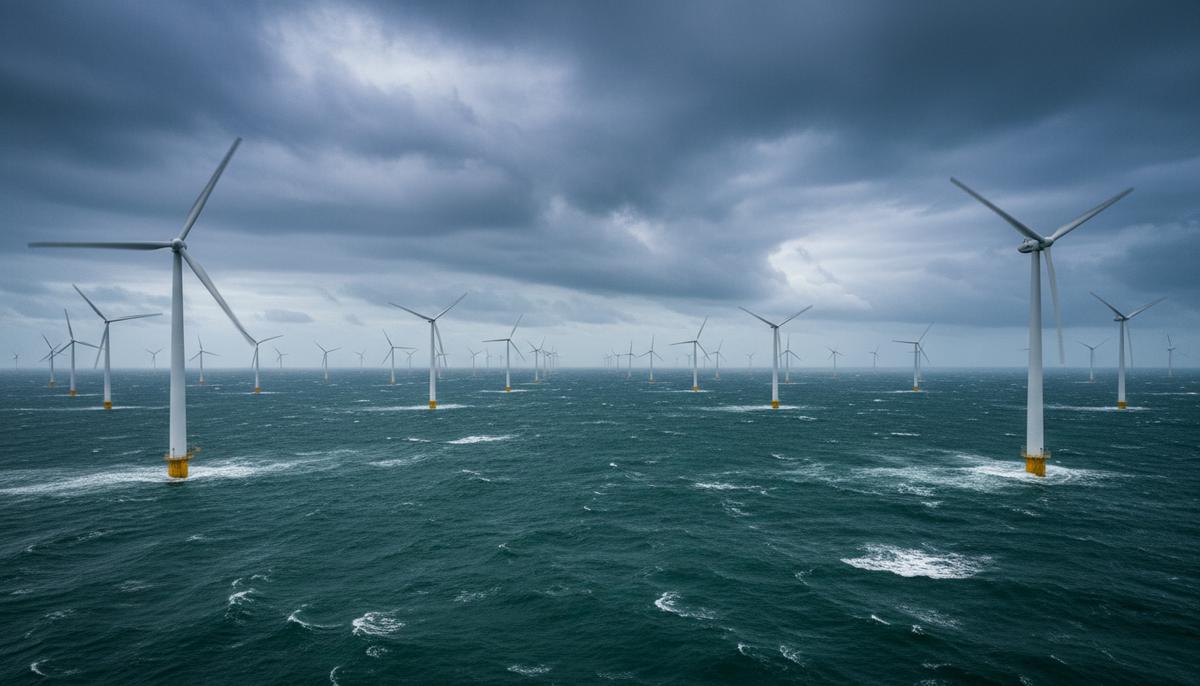 Германия откладывает аукционы по морской ветроэнергетике до 2027 года Морская ветроэлектростанция с рядами ветряных турбин в Северном море на фоне облачного неба.