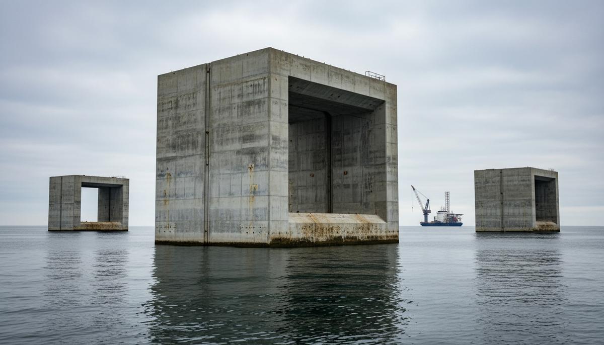 Энергоостров Princess Elisabeth: завершено создание бетонных оснований Гигантские бетонные кессоны для строительства искусственного энергоострова Princess Elisabeth плавают в Северном море рядом с установочным судном.