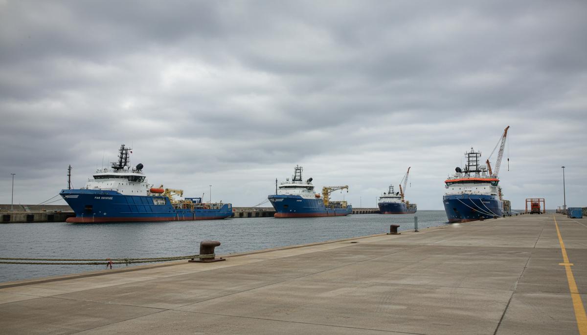 Глубоководный терминал порта Сторноуэй в Шотландии. Промышленная набережная и пришвартованные суда на фоне моря.