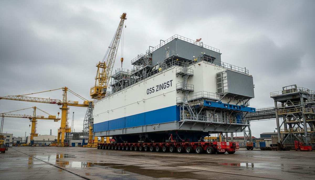 Массивная верхняя часть морской подстанции OSS Zingst на судостроительной верфи в Схидаме, Нидерланды.