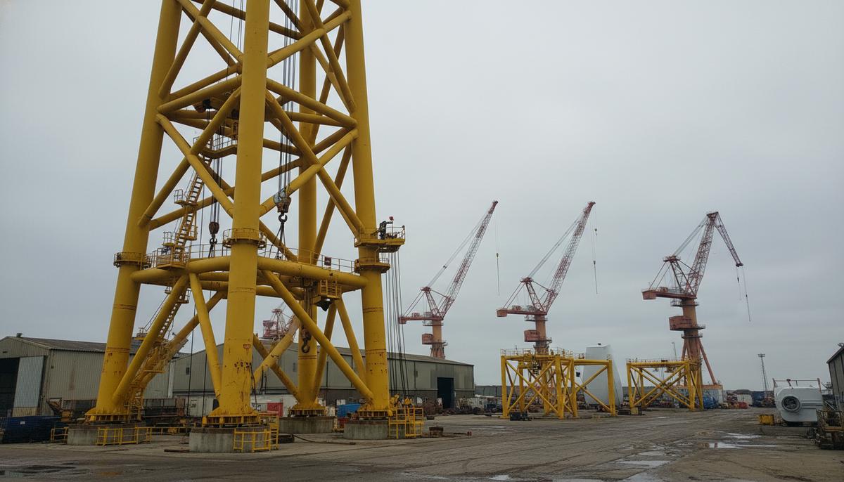 Тайвань: начато производство фундаментов для ВЭС Fengmiao 1 Огромный желтый решетчатый фундамент для морской ветряной турбины в прибрежном производственном доке на фоне кранов.